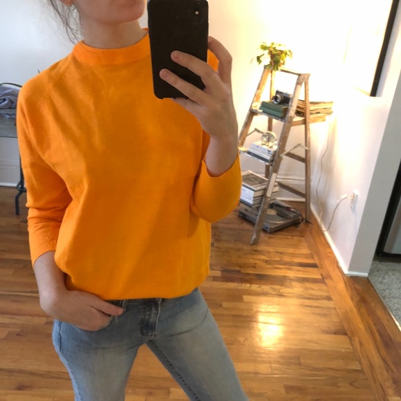 Vintage 60s Mod Bright Orange 3/4 Sleeve Mock Turtle Neck Lightweight Sweater S - Picture 4 of 10